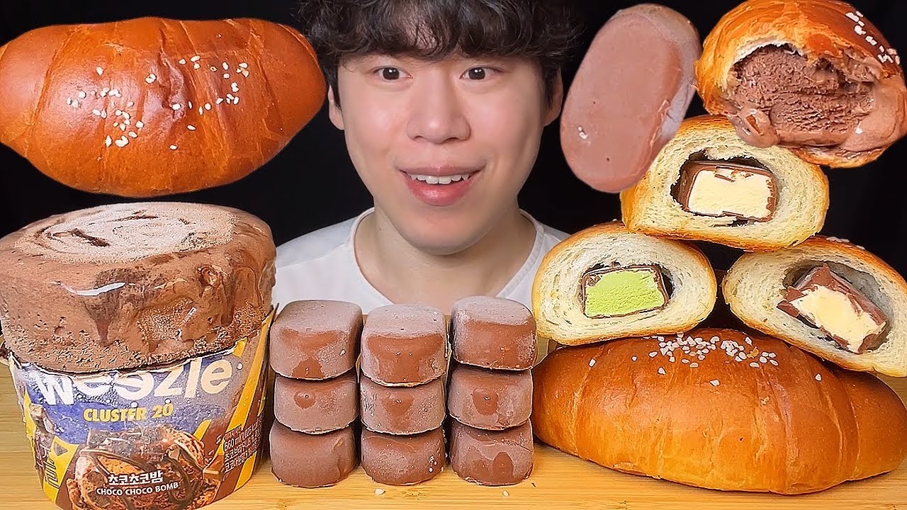 СУБТИТРЫ) Мукбанг с солёным хлебом и шоколадным мороженым, асмр