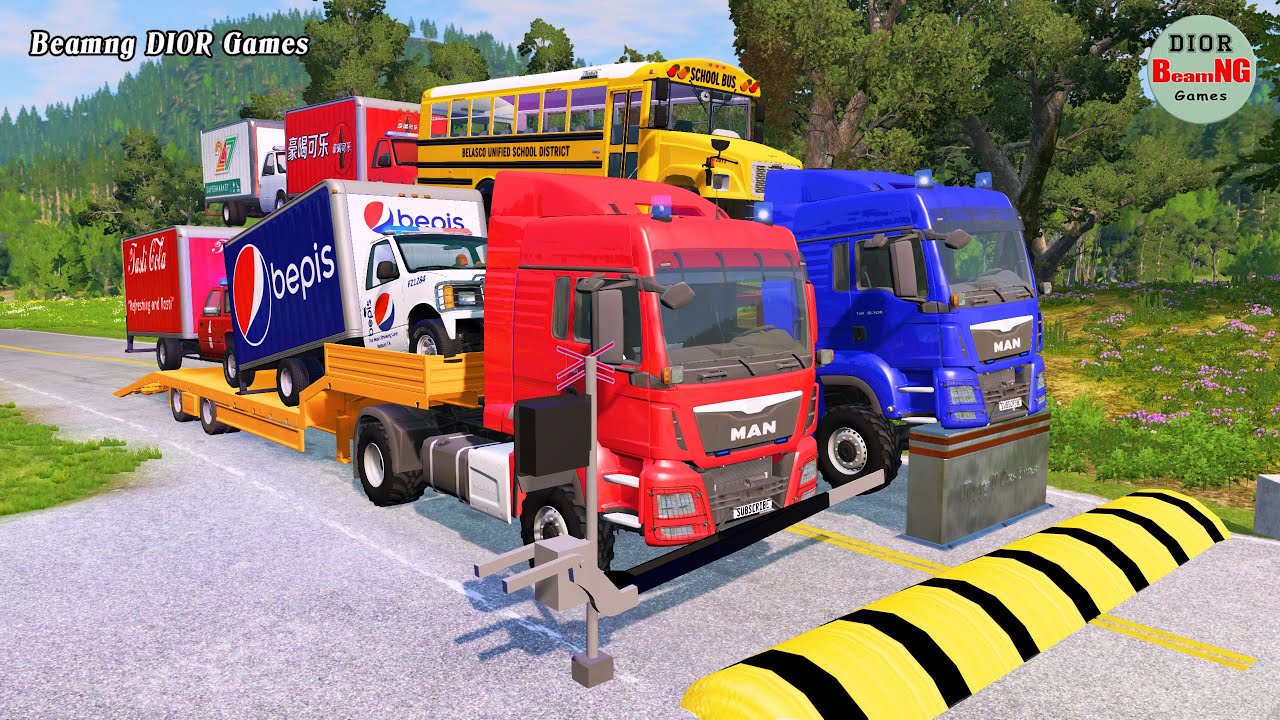 Double Flatbed Trailer Truck vs speed bumps|Busses vs speed bumps|Beamng Drive|1282