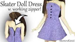 How to: Doll Skater Dress w. working Zipper - BJD / Barbie Clothes Tutorial