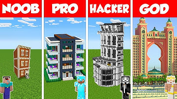 Minecraft Battle: NOOB vs PRO vs HACKER vs GOD: HOTEL SKYSCRAPER HOUSE BUILD CHALLENGE / Animation