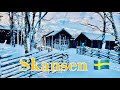 Stockholm Winter Walk: Skansen. Traditional Sweden displayed at famous open air museum.