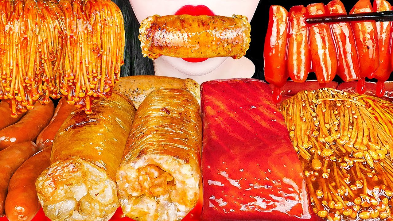 ⁣ASMR DAECHANG ENOKI MUSHROOM MUKBANG 바삭한 통대창 팽이버섯 불닭버섯 소세지 먹방 GRILLED BEEF LARGE INTESTINES EATING