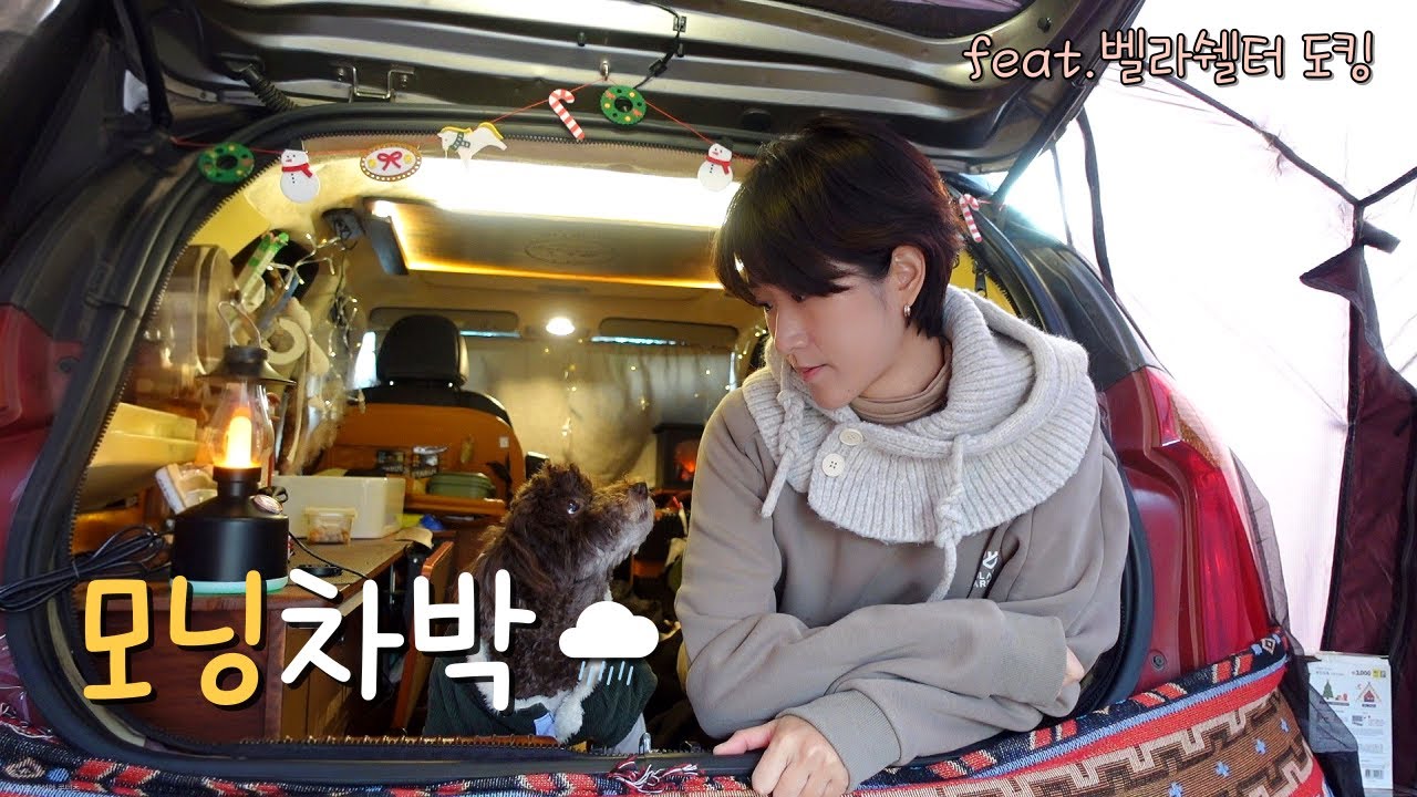 [68]경차모닝차박/13년된 1인용캠핑카에 벨라쉘터 도킹하고 귀여운 강아지와 폭닥폭닥 따뜻한 하루 보내기/애견동반캠핑/숲속의안뜰캠핑장