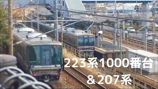 223系1000番台リニューアル車＋未更新車新快速京都方面野洲行き朝霧駅通過    207系普通西明石行き四条畷行き発車