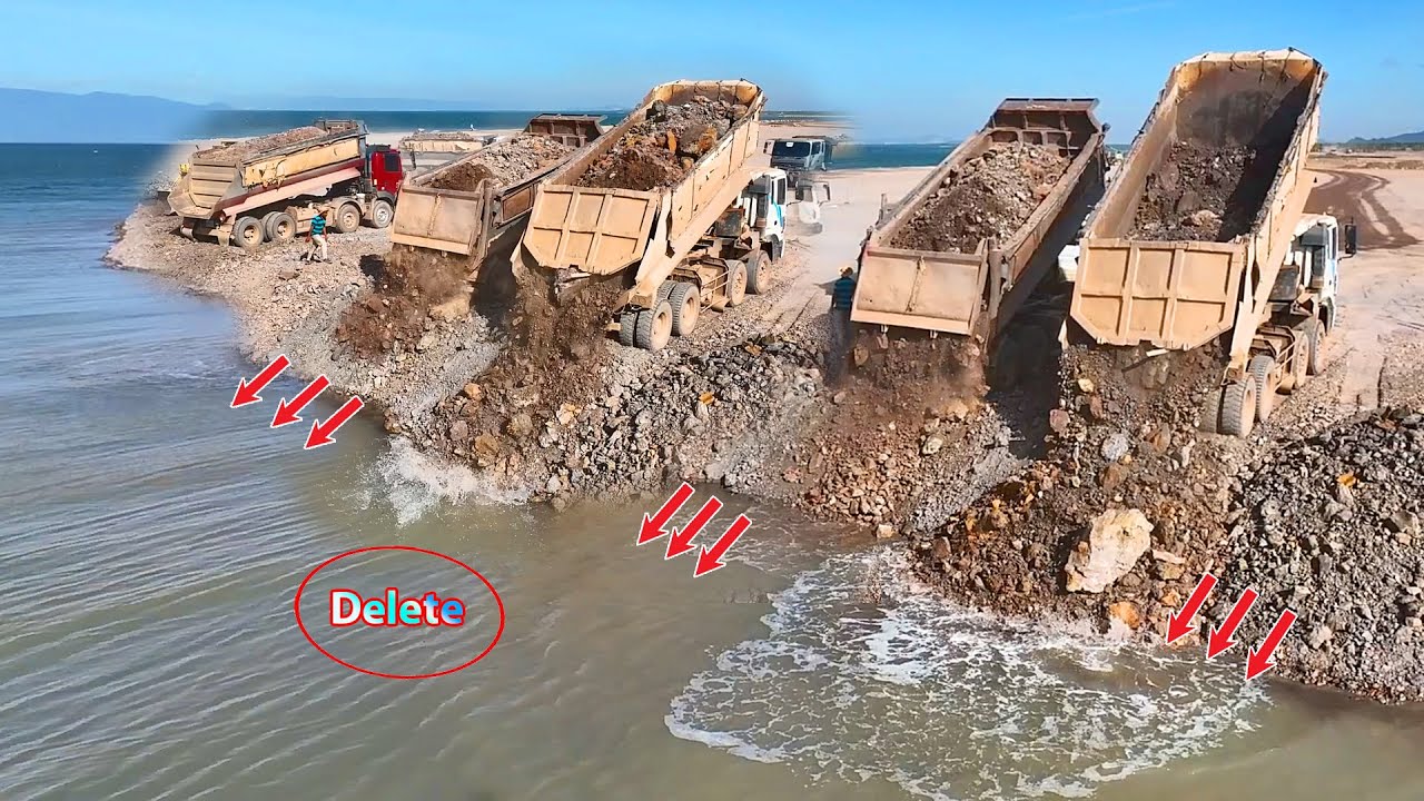 OMG!!Huge Land Reclamation Process Dump Truck Management Unloading Rock Dirt Bulldozer Pushing Stone