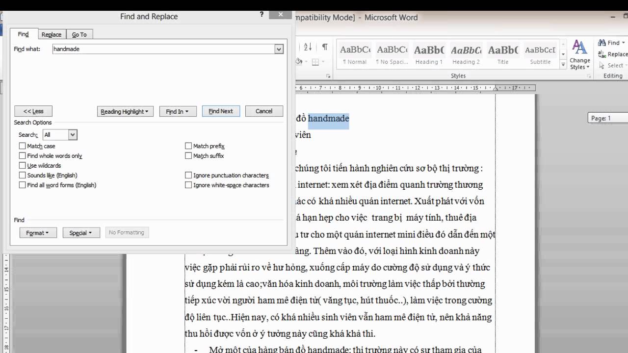 Cách tìm kiếm từ, cụm từ, đoạn văn bản trong Word 2010