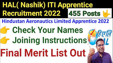 HAL (Nashik) ITI apprentice Final Merit List out/ Total 455 Posts/ Joining Instructions/ Check names