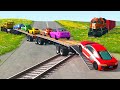 Flatbed long trailer truck speed bumps transport car rescue  cars vs train and rails  beamngdrive