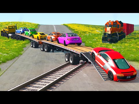 Flatbed Long Trailer Truck Speed Bumps Transport Car Rescue - Cars vs Train and Rails - BeamNG.drive