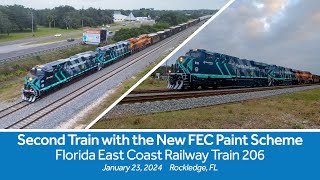 Second Train with the New FEC Paint Scheme: Florida East Coast Railway Train 206  January 23, 2024