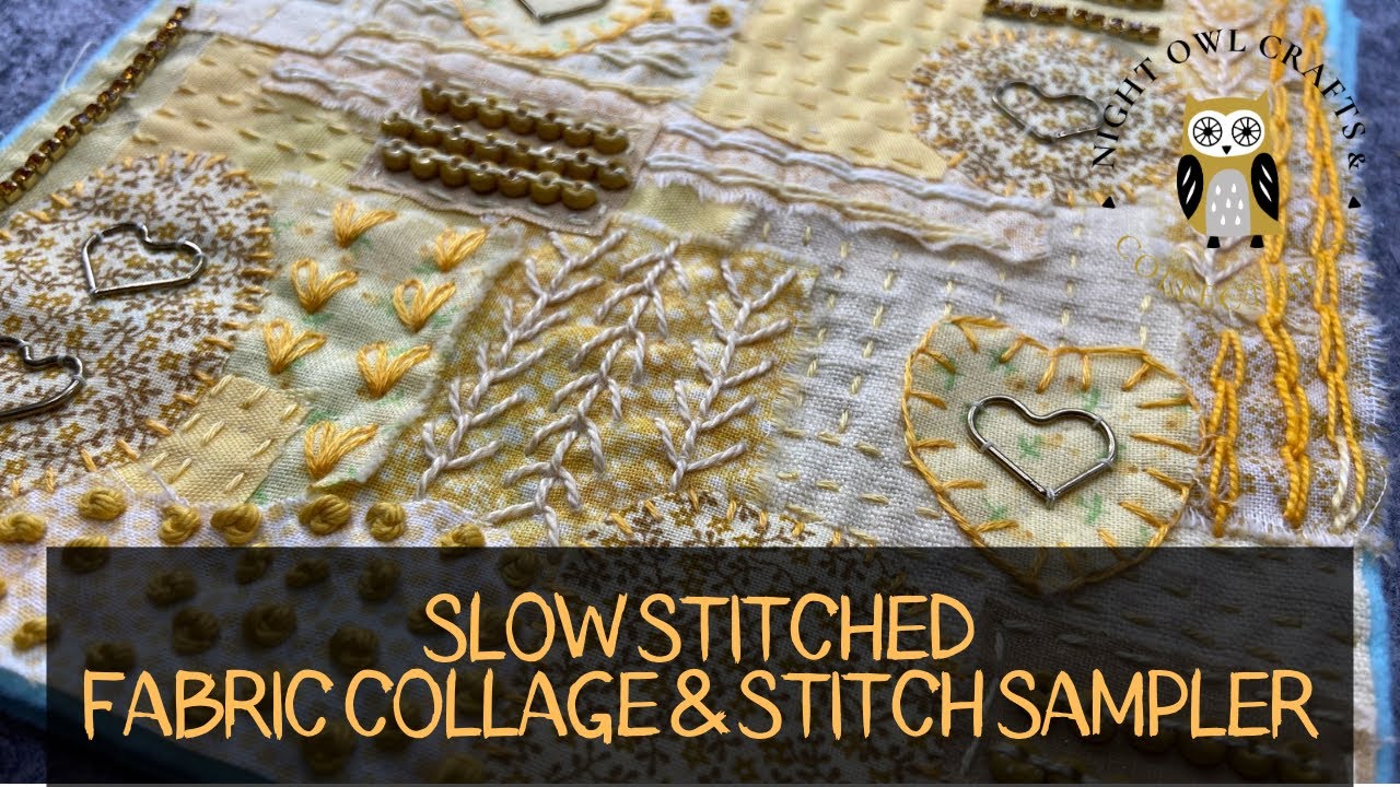 Журнал для творчества по ткани «Медленная вышивка» и образец вышивки, страница 1 — Желтый тканевы...