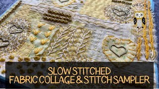 Slow Stitching Fabric Art Journal &amp; Stitch Sampler Page 1 - Yellow Fabric Collage