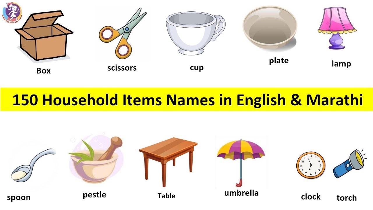 150 Household Items in english& marathi/ घरातील वस्तूंची नावे मराठी व