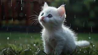 cute white kitten playing in backyard on rainy day    music sound for sleeping cat