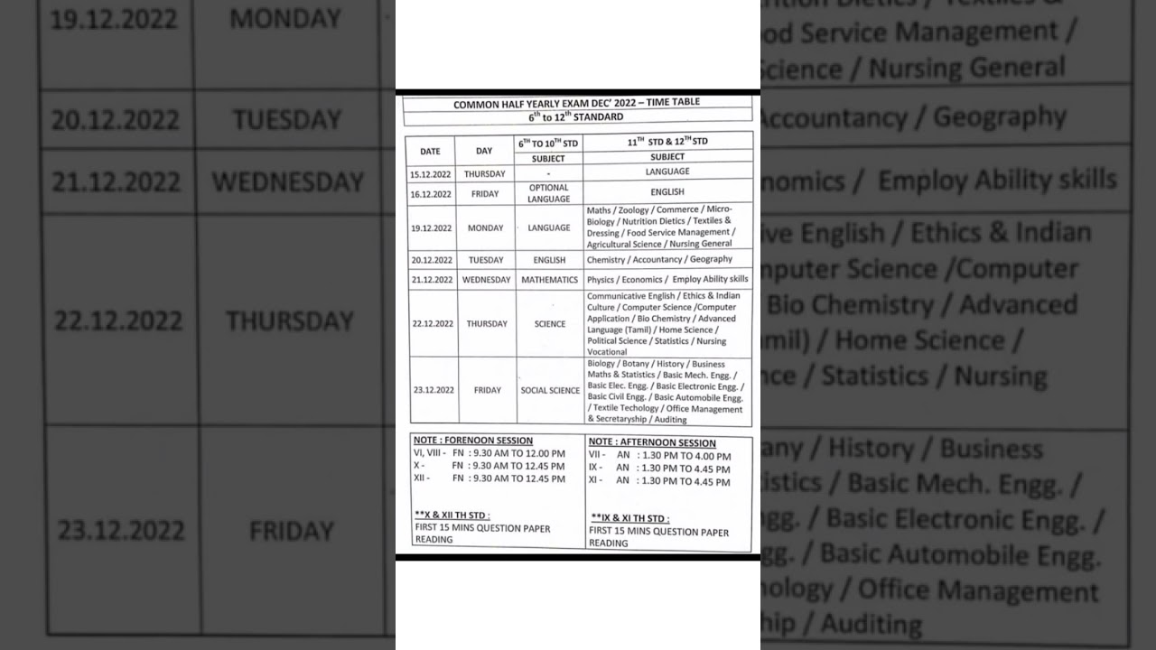 common half yearly time table / December 2022-2023 /6th to 12th students