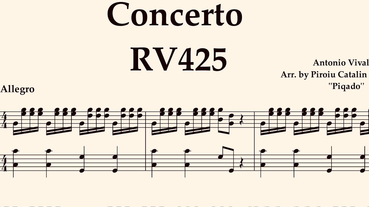 A. Vivaldi - Complete Concerto RV425 arr. by Piqado for Solo Piano Sheet Music Easy to Read 