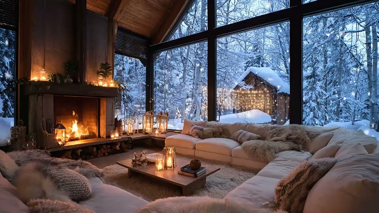 🌸Piano by the Fireplace | Winter Lounge with Snow View for 3 Hours | Relax Focus Stress Relief Sleep