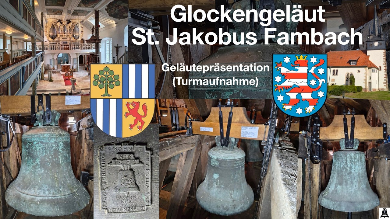 Fambach (D), Die Glocken der ev. Kirche St. Jakobus, Geläutepräsentation (Turmaufnahme)