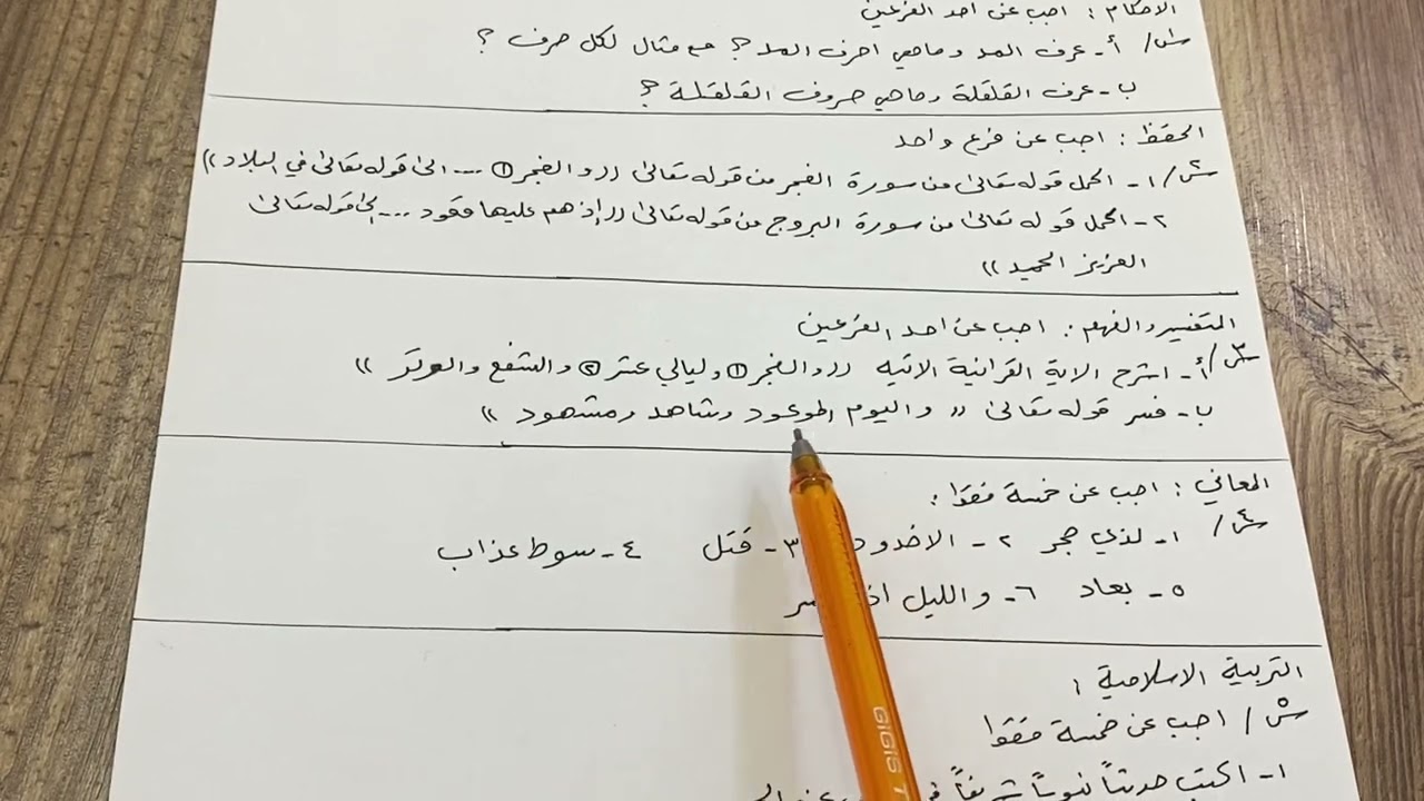 نموذج اسئلة نصف السنة لمادة التربية الاسلامية للصف الاول متوسط  مع الحل ، ست مريم