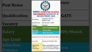 🚀 DRDO Scientist B Computer Science Recruitment 2026 | 34 Vacancies | ₹1 Lakh Salary
