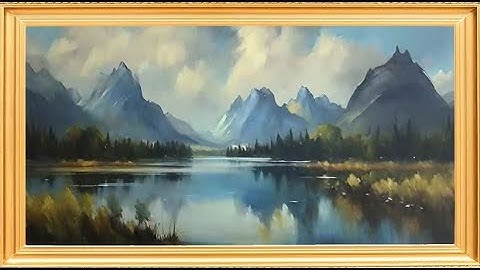 Mountain Lake Serenity golden frame vintage art tv watercolor minimalist  abstract muted background