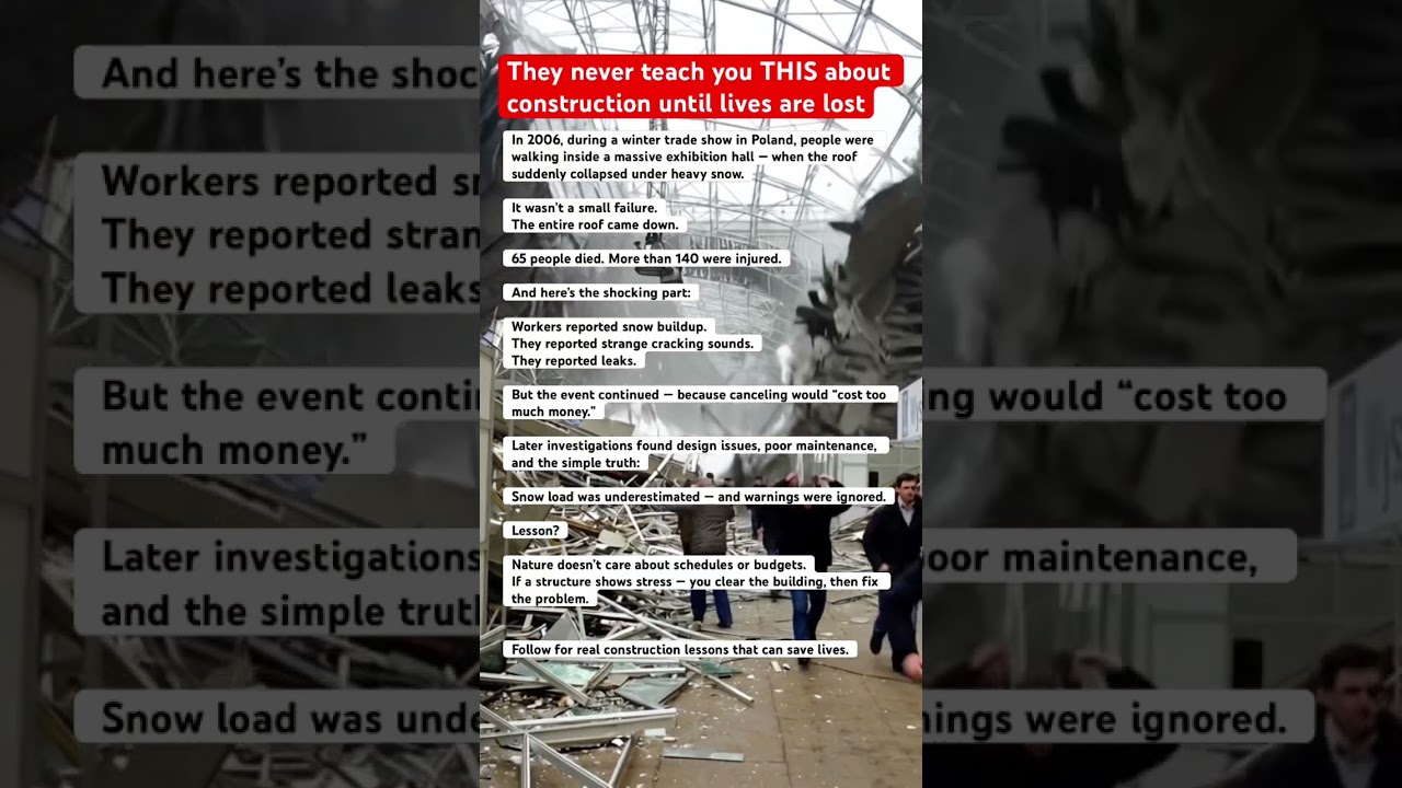 Construction Failure: roof suddenly collapsed under heavy snow. 