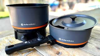 Heavy duty, adjustable power camping cookware set.  Stoke Voltaics NOMAD cooking system.