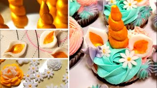 unicorn cupcake decoration-زينة اليونيكورن بعجينة السكر - عمل وردات من عجينة السكر