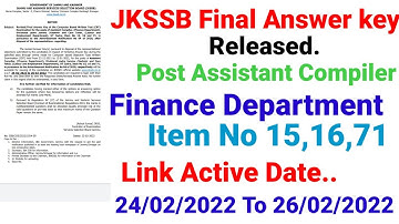 JKSSB FINAL ANSWER KEY Link Active. Advertisement Notifications No 04 item NO 15,16,AND 71