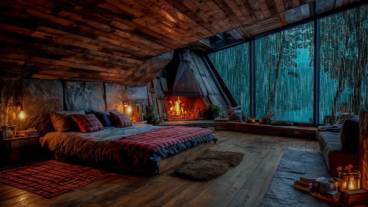 Peaceful Rainy Night in Cozy Cabin 🔥 Fireplace & Thunder Sounds for ...