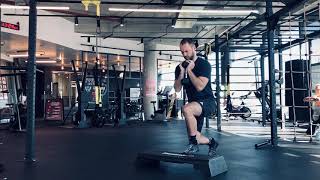 Goblet Split Squat, front foot elevated, narrow stance floating heel