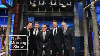 Avengers of late night: John Oliver, Seth Meyers, Jimmy Fallon, and Jimmy Kimmel crash Colbert
