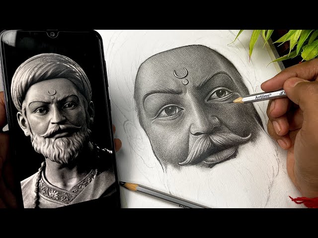 Image of Sketch Of Maratha King Shivaji Maharaj Standing With Holding Sword  In Hand Editable Outline Illustration-DY333510-Picxy