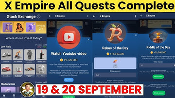 20 September All Quests X Empire | Riddle Of The Day | Rebus Of the day | YouTube Video Codes