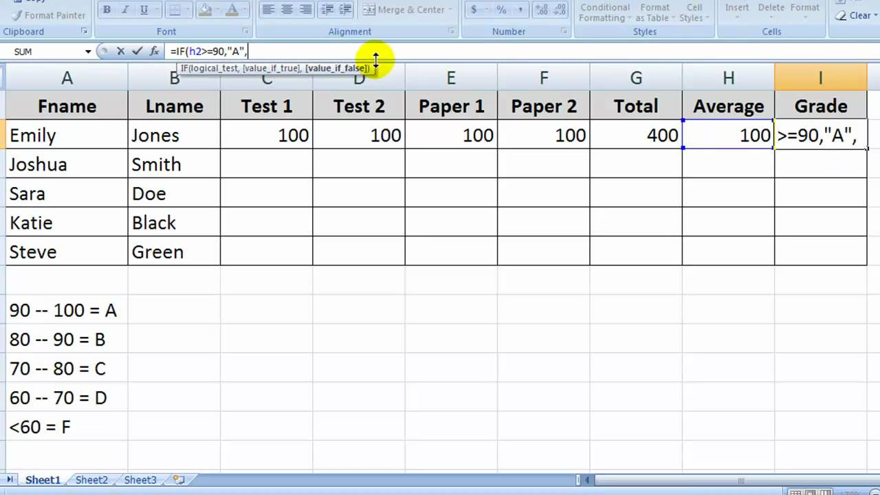 MS Excel the IF Function  Letter Grades