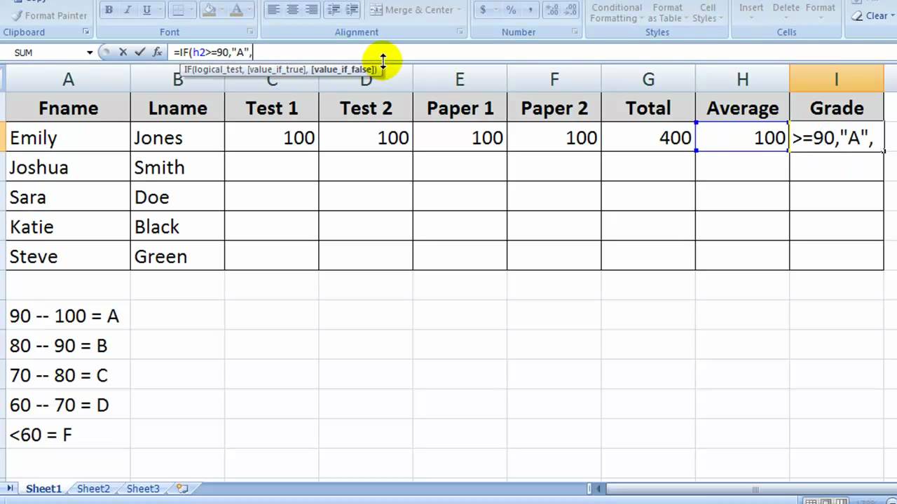 MS Excel, the "IF" Function, & Letter Grades