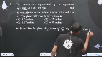 Two waves are represented by the equations y1=asinωt+kx+0.57m and y2=acosωt+kxm....