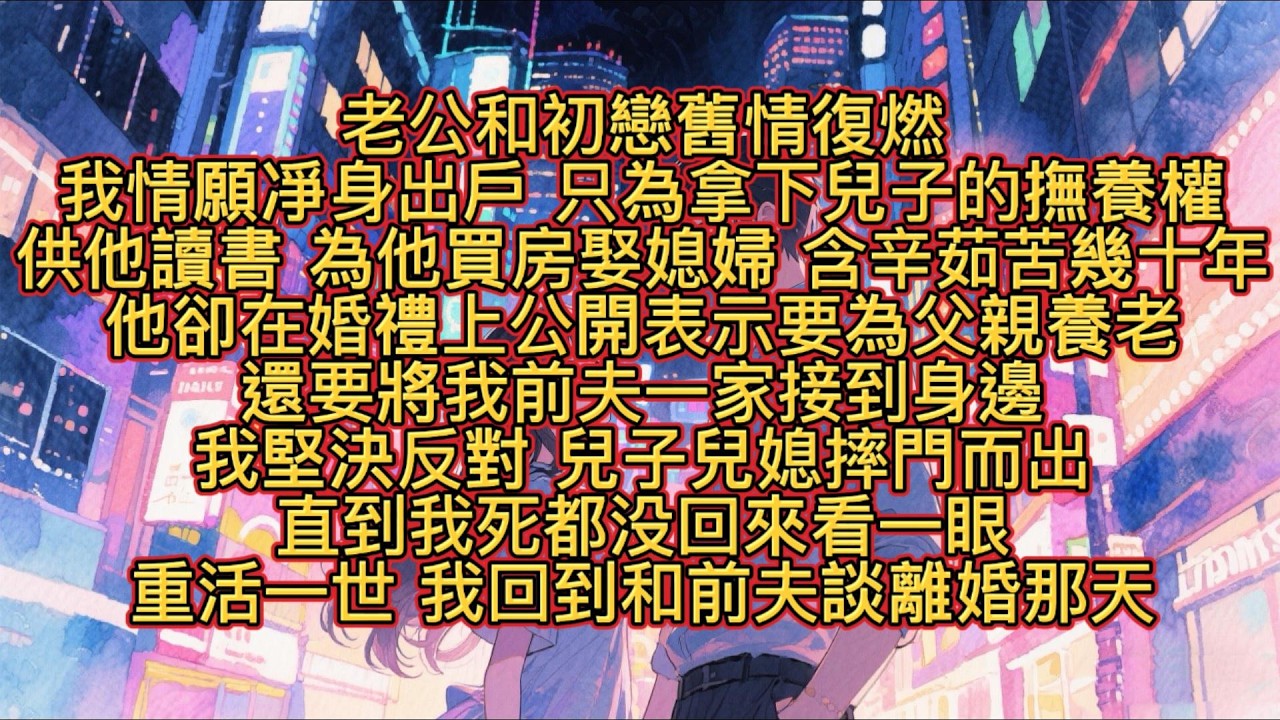 重活一世，我回到和前夫談離婚那天。兒子正對著我咆哮：【我死都不要再跟著你這個潑婦，我要跟著爸爸吃香的喝辣的！】我靜靜地看著他，忽然笑出聲來：【好，都依你。】#重生#爽文#大女主#復仇#出軌#全文完結