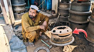 This Pakistani Technician Repairs a Totally Broken Truck Rim | Broken truck tires rim restoration