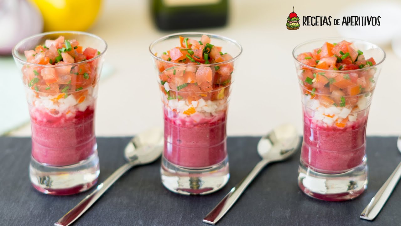 CREMOSO de REMOLACHA con SURIMI y TOMATE ESPECIADO - Aperitivos en Vasitos #2