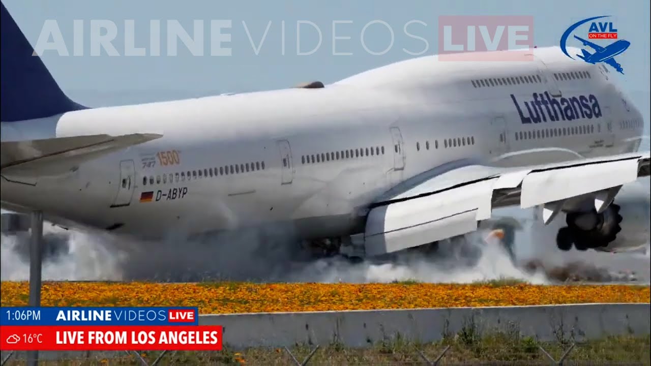 Lufthansa Boeing 747 8is Dramatic Touch and Go at LAX  Airline Videos Live Capture