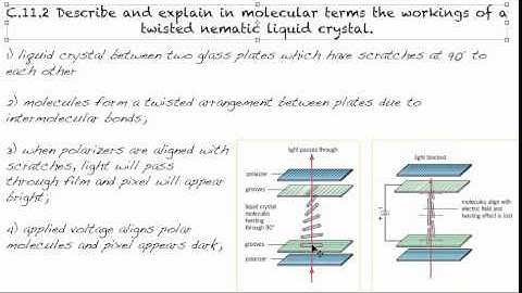 C.11.2 Describe and explain in molecular terms the workings of a twisted nematic liquid crystal.