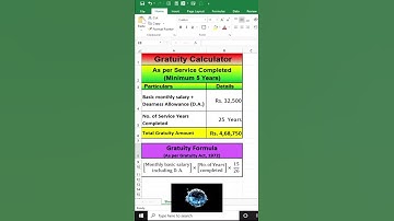 Gratuity calculator India #Excelshorts #shorts by #srsawaliyaeduworld
