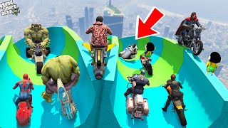 GTA 5: Franklin & Shinchan BIKE WATER SLIDE Ramp Jump Challenge with AVENGERS ARMY! | (GTA 5 mods) screenshot 1