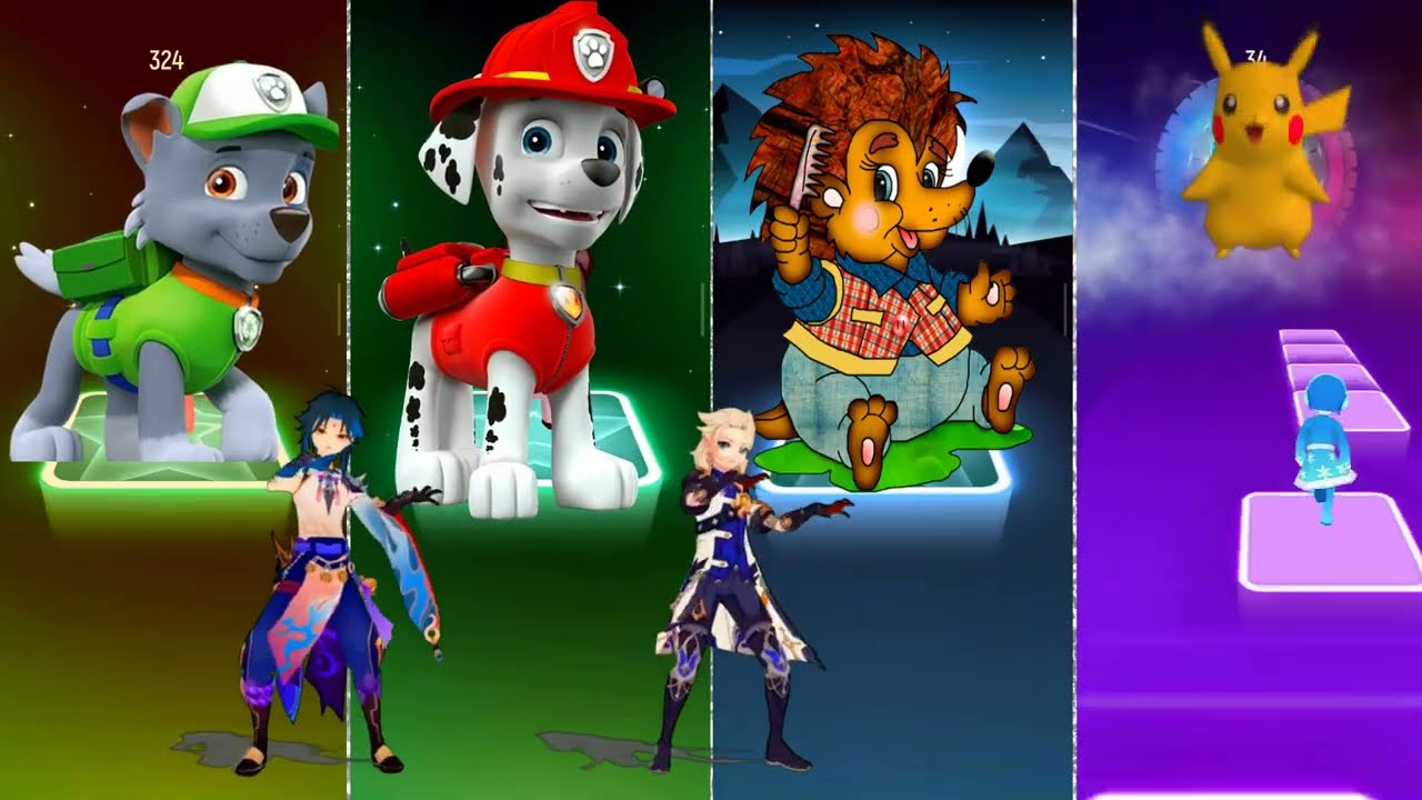Marshall and Rocky | Paw Patrol Vs Pokemon Pikachu Vs Hedgehog 🔝 Tiles Hop EDM Rush