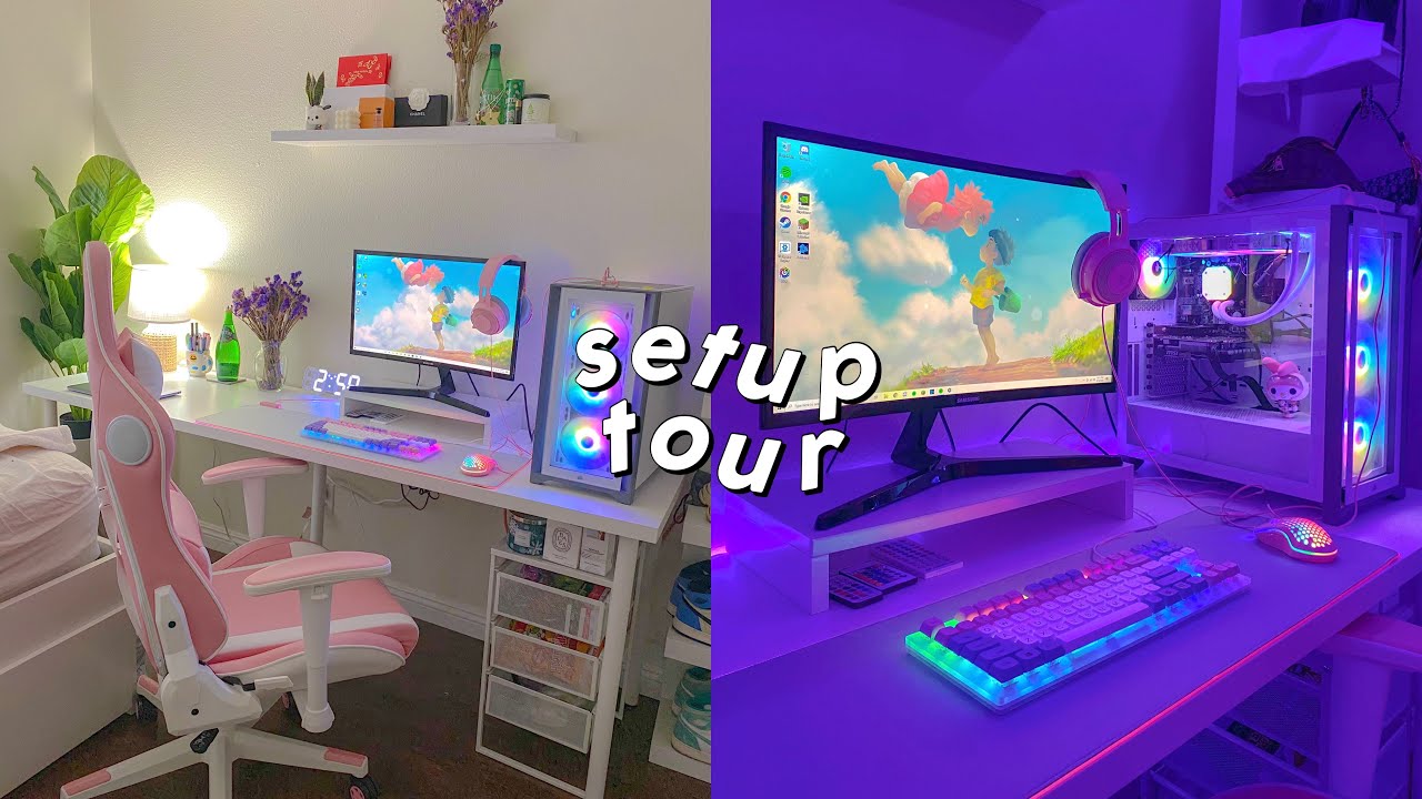 aesthetic pink & white gaming setup tour - YouTube