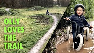 17 month old riding his Wishbone bike (trike) in the bike park.