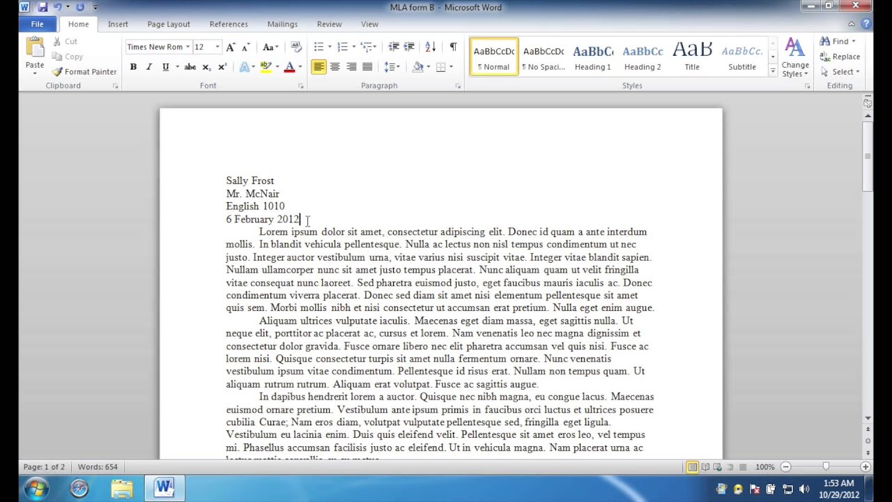 essay on ms word 2010