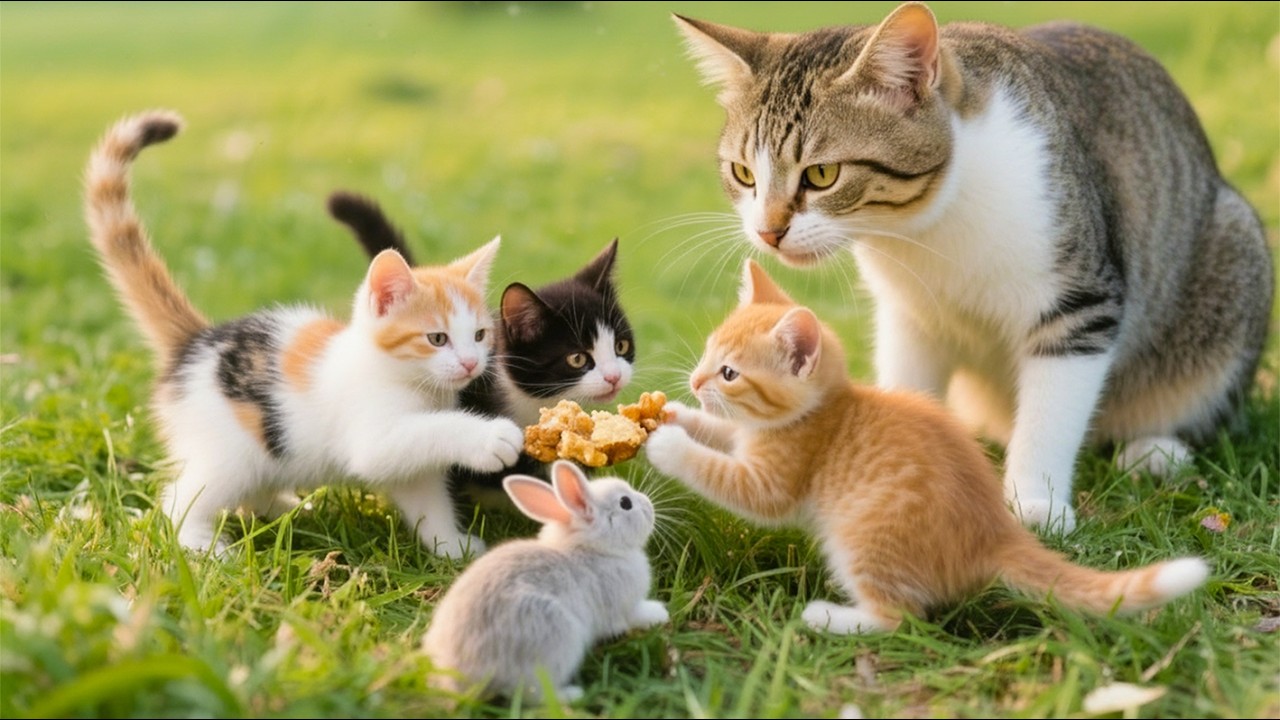 Cute kittens compete for food with baby rabbits on the grass - Cat sounds - Cat videos