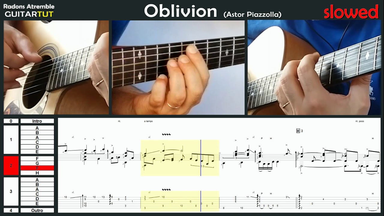 Oblivion - (Astor Piazzolla) - Roland Dyens - Guitar Tutorial Slow Played Tabs & Score